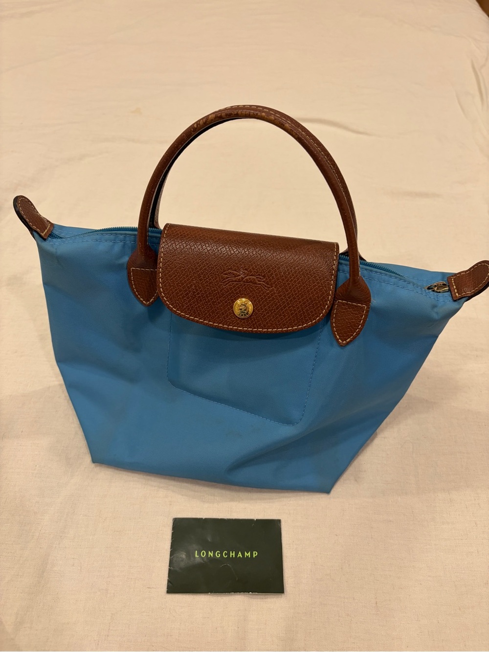 Longchamp Le Pliage S Blue Nylon Satchel with Brown Leather Trim - Picture 2 of 13